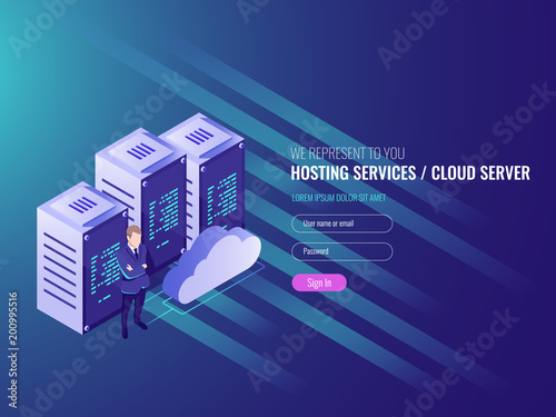 Website hosting isometric, cryptocurrency and blockchain concept. Server farm for mining bitcoins IT 3d vector