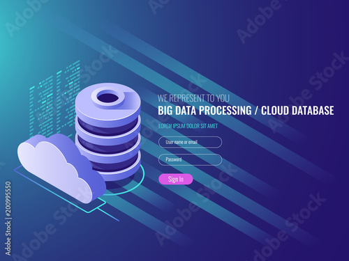 Cloud data storage services, database cloud program code icons, Data storage, server room IT isometric 3d vector