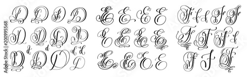 calligraphy letters set D, E and F, script font photo