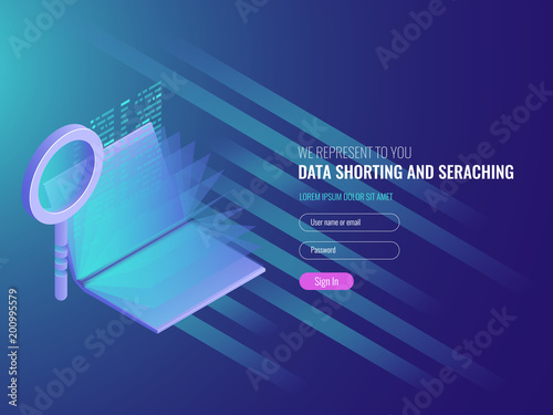 Code repository concept, electronic catalog, data researching, seo optimization, serach engine, magnifying glass with open book IT isometric 3d vector