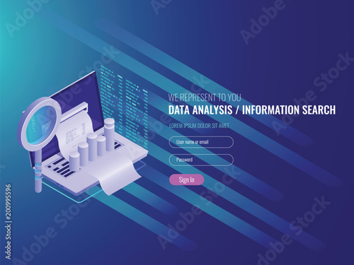 The report on the computer, program of statistics and analytics, notebook with the diagram and a magnifying lens IT isometric 3d vector