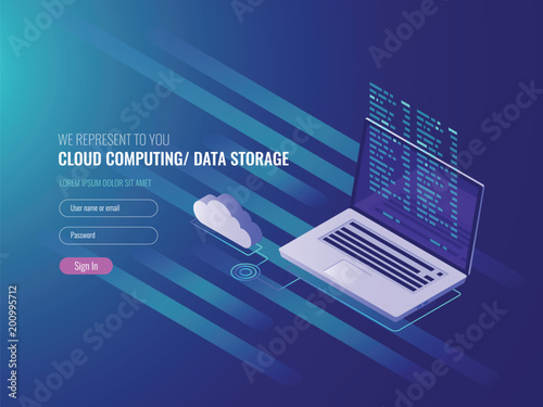 Cloud computing concept, open laptop with cloud icon and program code on scree, data storage, IT isometric 3d vector