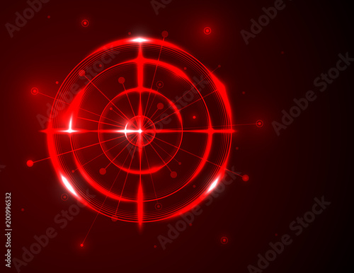 Shiny red radar, target, shooting range on black background. Creative design vector templates for global network connection technology.