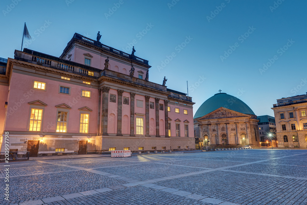 The Berlin State opera and St. Hedwigs Cathedral at dawn