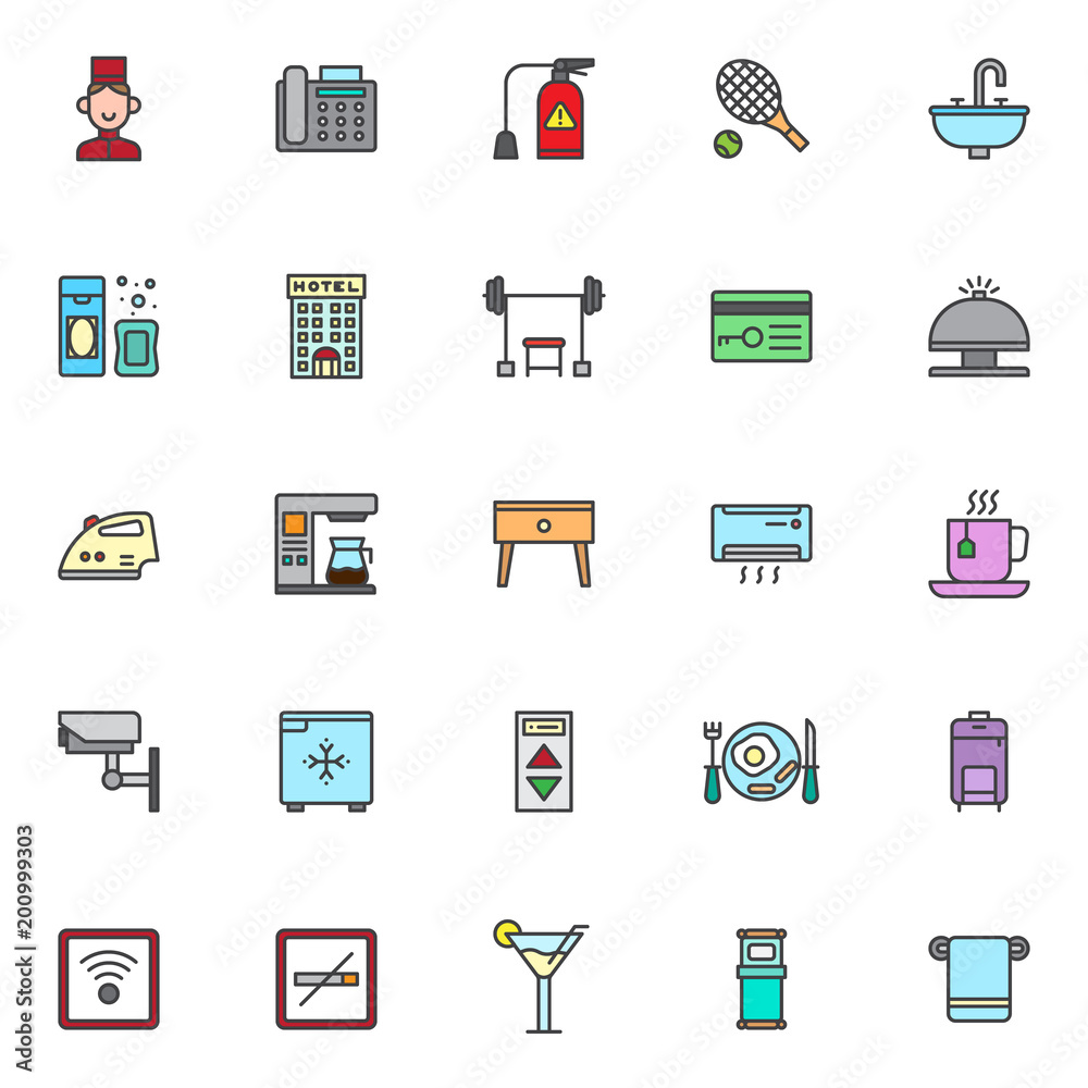 Hotel filled outline icons set, line vector symbol collection, linear colorful pictogram pack. Signs, logo illustration, Set includes icons as bell boy, fax machine, fire extinguisher, tennis racket Hotel filled outline icons set, line vector symbol collection, linear colorful pictogram pack. Signs, logo illustration, Set includes icons as bell boy, fax machine, fire extinguisher, tennis racket