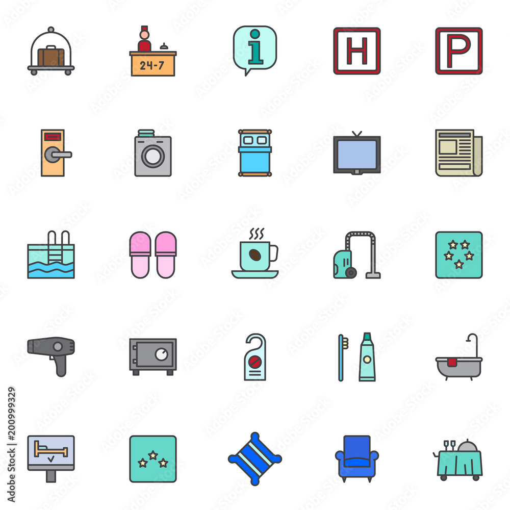 Hotel elements filled outline icons set, line vector symbol collection, linear colorful pictogram pack. Signs, logo illustration, Set includes icons as hotel luggage with suitcase, reception service 