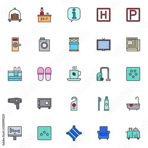 Hotel elements filled outline icons set, line vector symbol collection, linear colorful pictogram pack. Signs, logo illustration, Set includes icons as hotel luggage with suitcase, reception service 