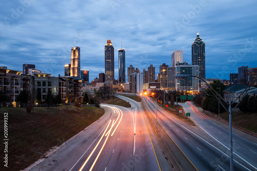 Atlanta downtown city skyline over the interstate.