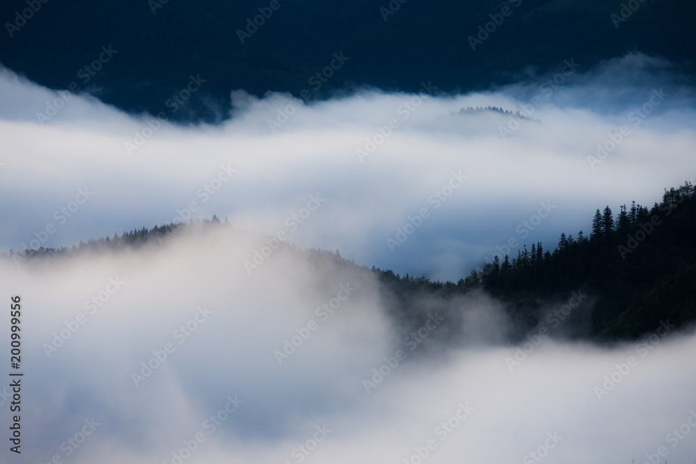 Sunrise at foggy Smoky Mountain National Park panoramic landscape