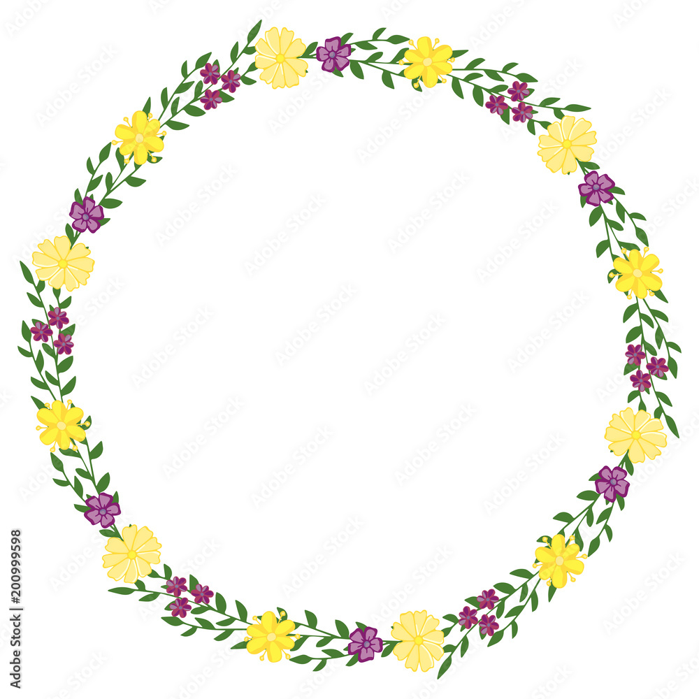 Wreath of wild flowers with leaves. A floral round frame with a place for your text.