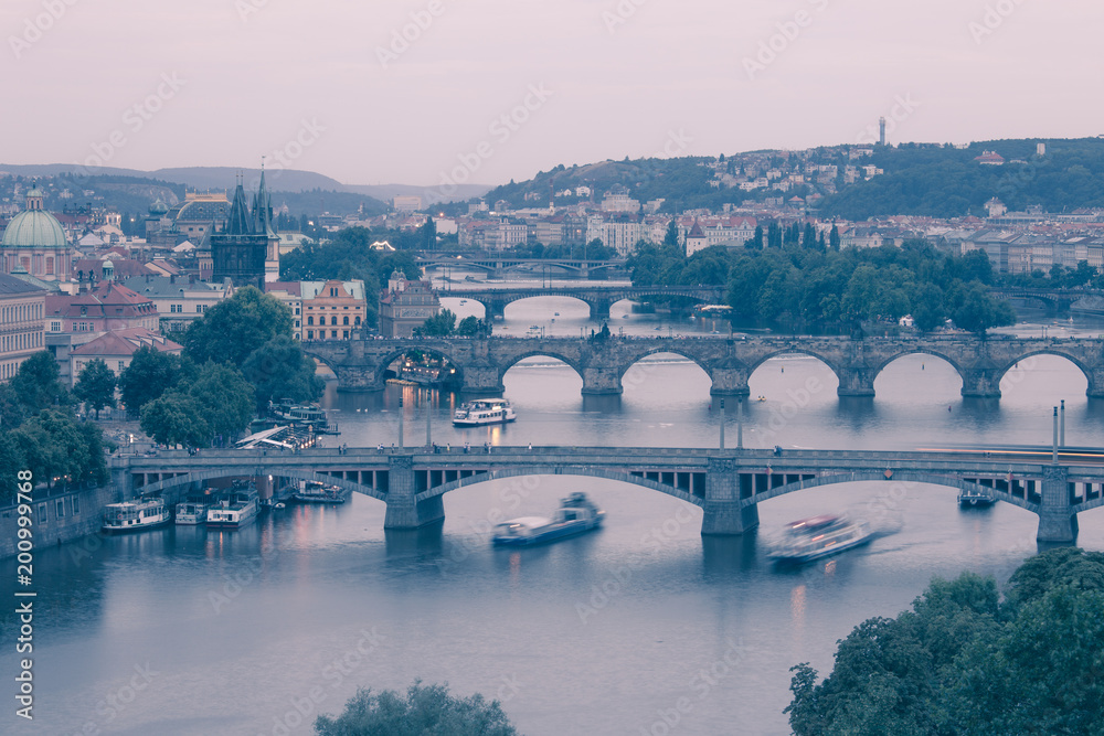 View of the Vltava River and the bridges at night, Prague, the Czech Republic