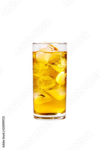 Single-color transparent cocktail, yellow refreshing carbonated in a high glass with ice cubes with apple, lemon, pear taste. Side view. Isolated white background. Drink for the menu