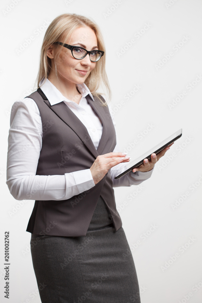 Tablet computer. Business woman using digital tablet computer PC happy isolated on white background Tablet computer. Business woman using digital tablet computer PC happy isolated on white background