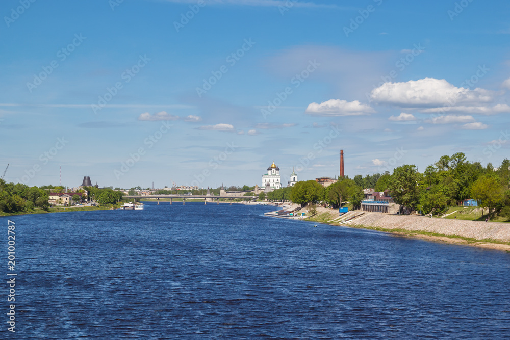 View on the Great River and  Trinity Cathedral in Pskov