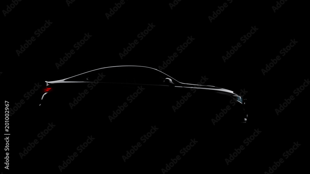 Fototapeta premium sylwetka czarnego samochodu sportowego na czarnym tle, fotorealistyczne renderowanie 3d, ogólny projekt, niemarkowe