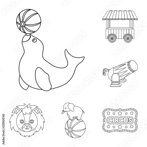 Circus and attributes outline icons in set collection for design. Circus Art vector symbol stock web illustration.