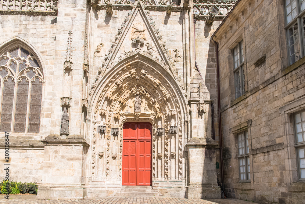 Quimper in Brittany, the Saint-Corentin cathedral, beautiful entry porch
