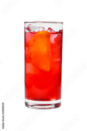 A single-colored transparent cocktail, refreshing in a tall glass with ice cubes, orange slice, lemon and taste of berries, cherries, strawberries, greiprut. Side view Isolated white background