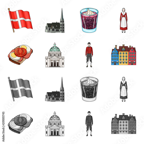 Denmark, history, restaurant, and other web icon in cartoon,monochrome style.Sandwich, food, bread, icons in set collection.