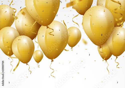 Celebration background with gold confetti and balloons