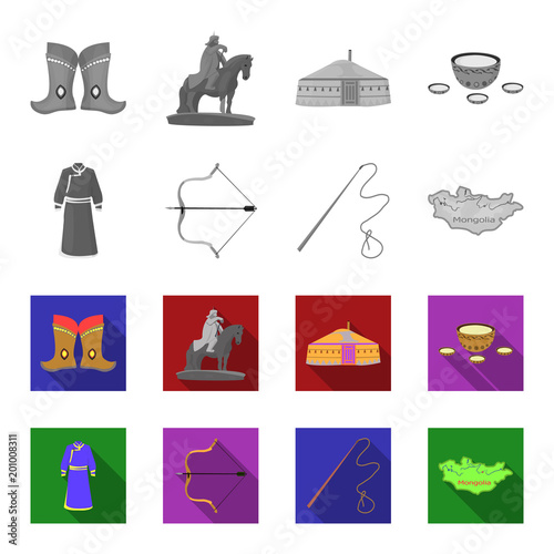 .mongol dressing gown, battle bow, theria on the map, Urga, Khlyst. Mongolia set collection icons in monochrome,flat style vector symbol stock illustration web.