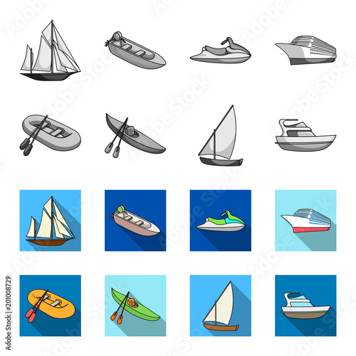 A rubber fishing boat, a kayak with oars, a fishing schooner, a motor yacht.Ships and water transport set collection icons in monochrome,flat style vector symbol stock illustration web.