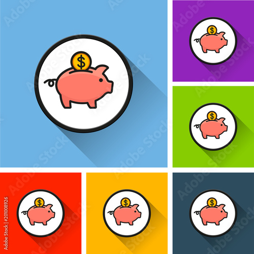 piggy bank icons with long shadow