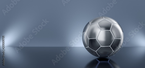 Metal soccer ball on a mirror blue background. 3d render illustration.