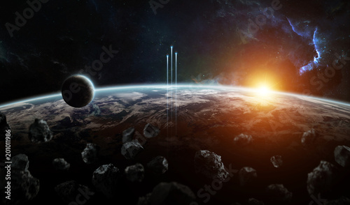 Fototapeta Naklejka Na Ścianę i Meble -  Distant planet system in space with exoplanets 3D rendering elements of this image furnished by NASA