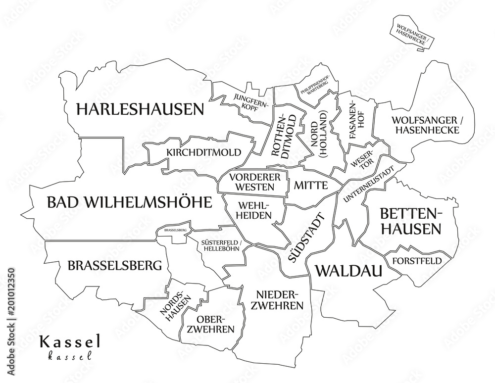 Modern City Map - Kassel city of Germany with boroughs and titles DE outline map Modern City Map - Kassel city of Germany with boroughs and titles DE outline map