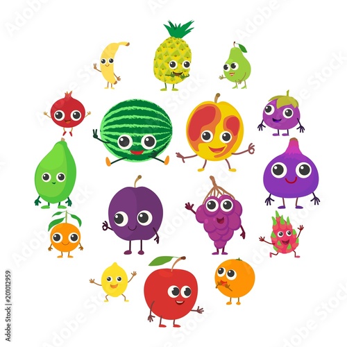 Smiling fruit icons set. Cartoon illustration of 16 smiling fruit vector icons for web