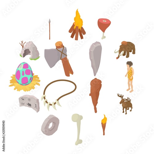 cavemen human icons set. Isometric illustration of 16 caveman vector icons for web