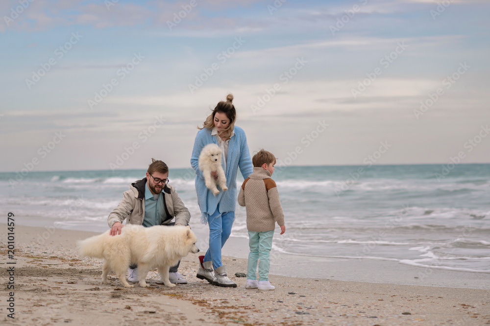 Happy family on a beach. The family walks on a beach with a dog. Happy family on a beach. The family walks on a beach with a dog.
