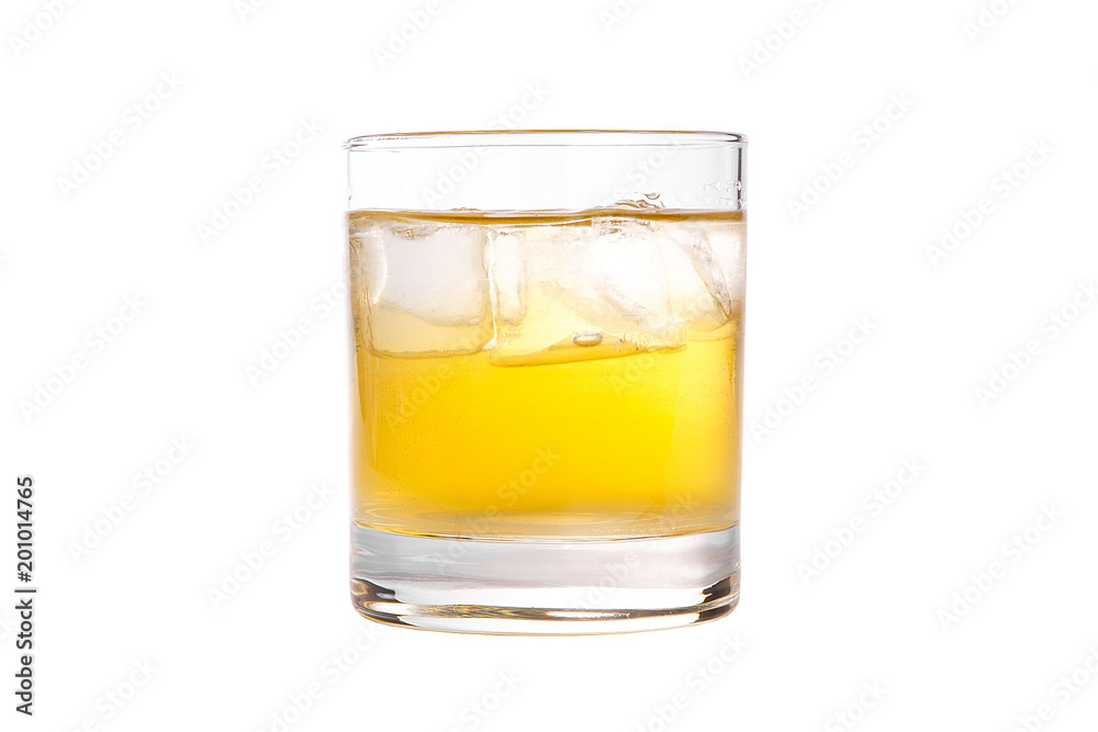 Single-colored transparent cocktail, refreshing in a low glass with ice cubes, beer, taste of melon, pineapple, pear, apple, fruit. Side view Isolated white background. Drink for the menu Single-colored transparent cocktail, refreshing in a low glass with ice cubes, beer, taste of melon, pineapple, pear, apple, fruit. Side view Isolated white background. Drink for the menu