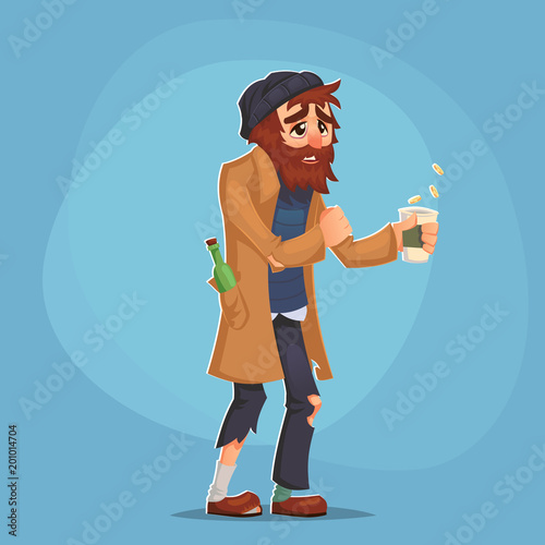 homeless Bum Poor man adult beg money and need help isolated Cartoon Design Vector Illustration social problem poverty misery