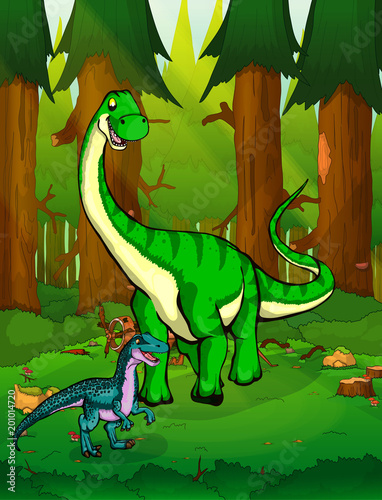 Diplodocus on the background of a forest.