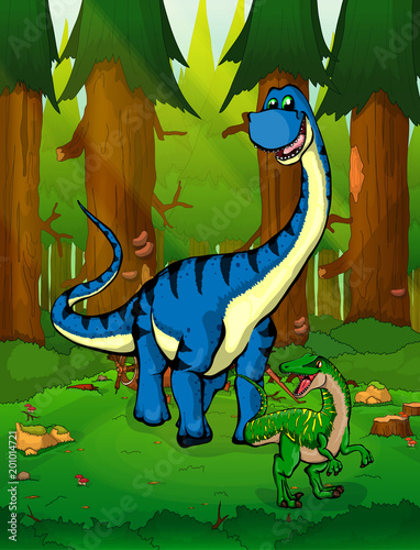 Diplodocus on the background of a forest.