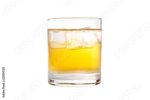Single-colored transparent cocktail, refreshing in a low glass with ice cubes, beer, taste of melon, pineapple, pear, apple, fruit. Side view Isolated white background. Drink for the menu