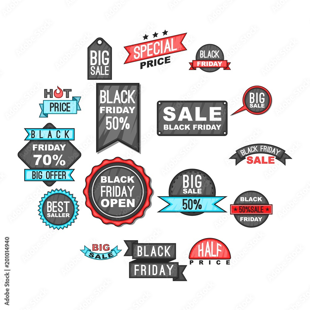 Black Friday icons set in cartoon style. Black Friday labels and badges set collection vector illustration