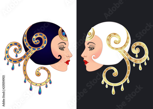 Art Deco vintage invitation template design with illustration of flapper girl. patterns and frames. Retro party background set (1920's style). Vector for glamour wedding or jazz party.
