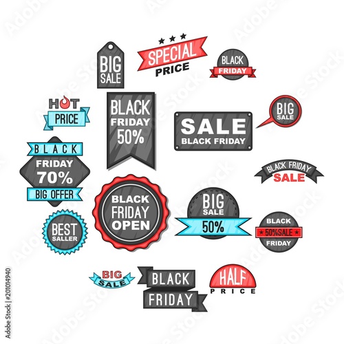 Black Friday icons set in cartoon style. Black Friday labels and badges set collection vector illustration
