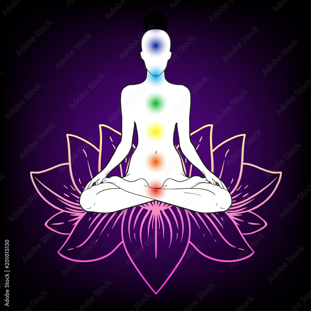 Beautiful Caucasian Girl with long curly red hair sitting in Lotus pose with ornate lotus f on background. Vector illustration. Spa consent, yoga studio Beautiful Caucasian Girl with long curly red hair sitting in Lotus pose with ornate lotus f on background. Vector illustration. Spa consent, yoga studio