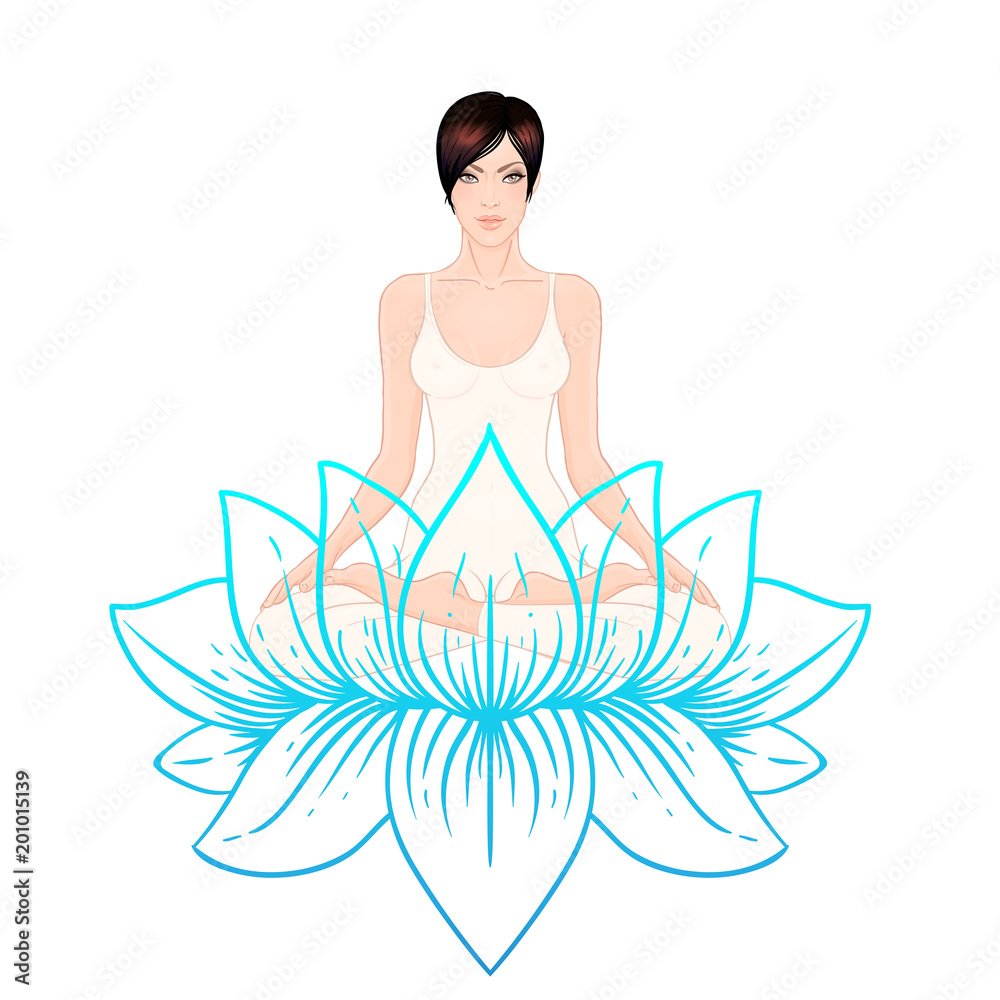 Beautiful Caucasian Girl with long curly red hair sitting in Lotus pose ...