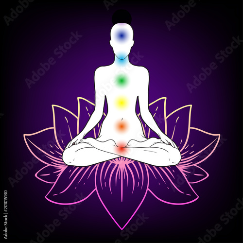 Beautiful Caucasian Girl with long curly red hair sitting in Lotus pose with ornate lotus f on background. Vector illustration. Spa consent, yoga studio