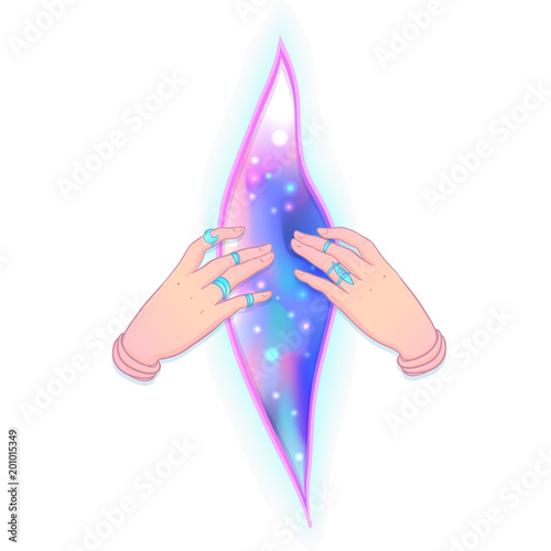 Two human hands opening gap with space inside, sacred geometry symbols. Colorful  tattoo flash design. Vector illustration isolated on white. Astrology, zodiac, fortune telling.