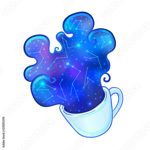 Coffee cup with Galaxy inside. Vector illustration isolated on white background. The symbol of magic, astrology and astronomy. Boho chic print.