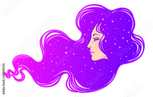 The profile of a girl with he hair full of stars inside. Female portrait of m...