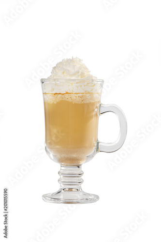 Single-color opaque cocktail, coffee with milk, cocoa, hot chocolate in a tall glass with a handle with whipped cream. Side view. Isolated white background. Drink for the menu restaurant, bar, cafe