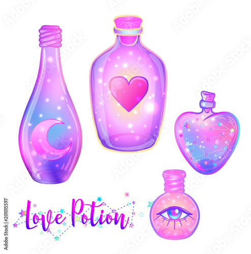 Magic potion: blue bottle jar set with pink moon, crystals, heart, all seeing eye and glowing stars inside. Greeting  Card. Vector illustration isolated on white.