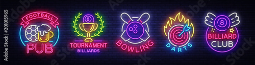 Logo collection in neon style. Set Neon Signs Football Pub, Billiards, Bowling, Darts. Nightlife, Neon signboard, banner Design elements, Bright advertising for your projects. Vector illustration